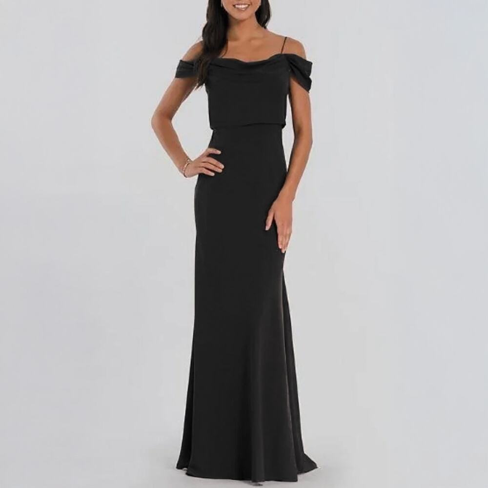 Jenny Yoo Sabine Black Stretch Crepe Off-Shoulder Gown Size 0